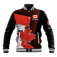 Red and black Canada baseball jacket with maple leaf graphic, striped collar and snap front