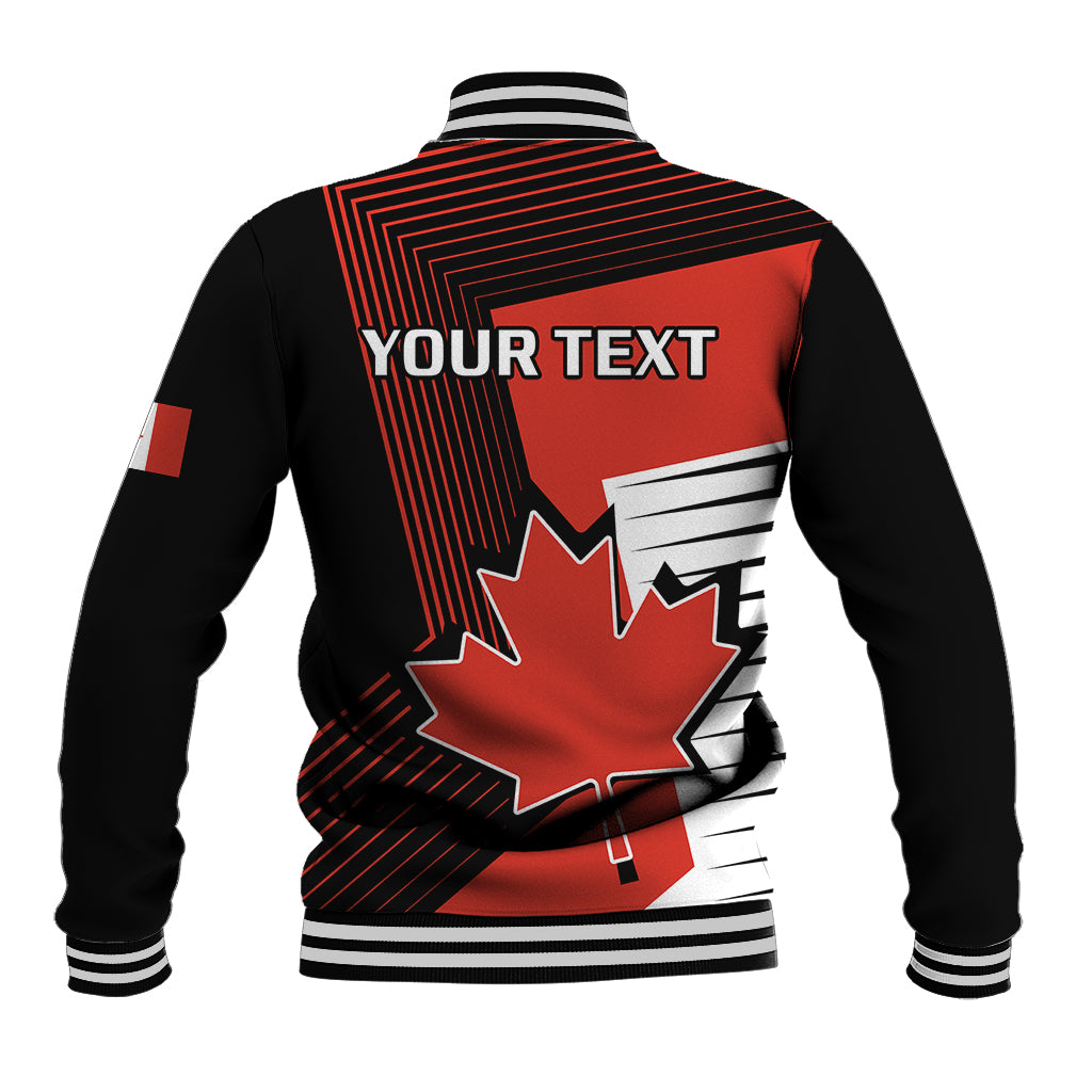 Red and black baseball jacket back with large maple leaf, striped collar and YOUR TEXT