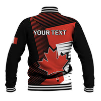 Red and black baseball jacket back with large maple leaf, striped collar and YOUR TEXT