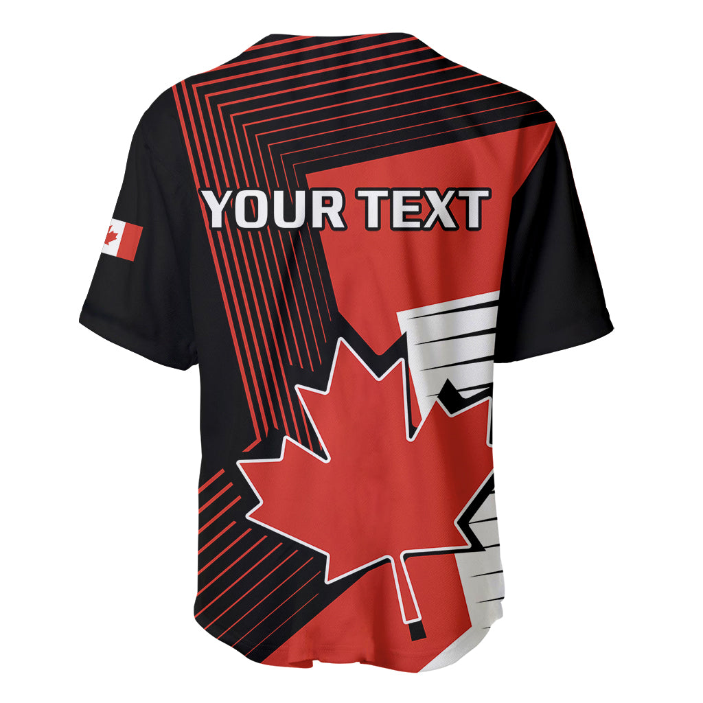 Red and black baseball jersey back with striped pattern, big maple leaf and 'YOUR TEXT'