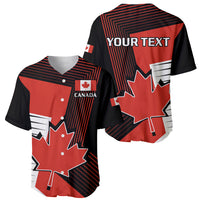 Red and black baseball jersey front and back view with maple leaf, Canada logo and buttons