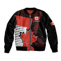 Unisex bomber jacket with red and black Canada maple leaf graphic and front zipper