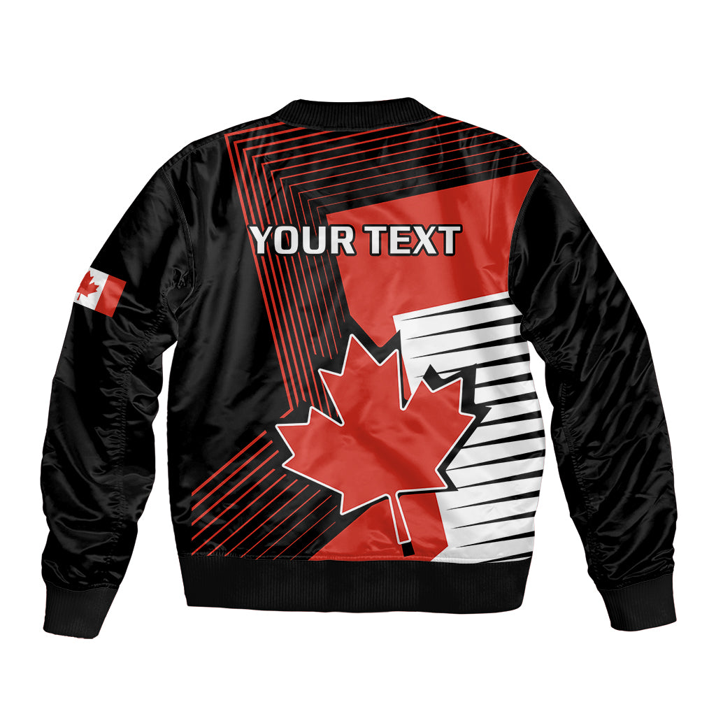 Unisex bomber jacket back with 'YOUR TEXT' Canada maple leaf print and black cuffs