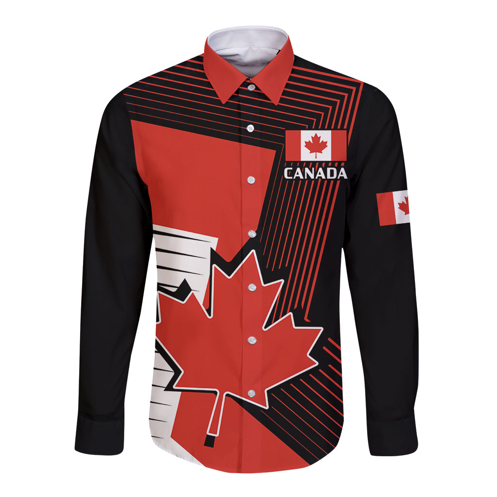 Unisex long-sleeve button shirt, red/black with Canada flag and maple leaf print