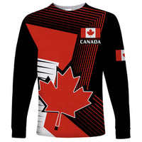 Red and black long-sleeve T-shirt with Canada maple leaf flag graphic