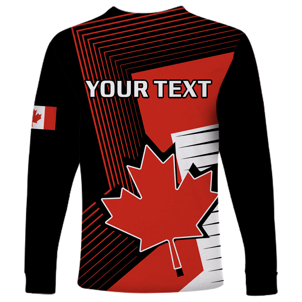Red and black long-sleeve T-shirt with 'YOUR TEXT' maple leaf graphic