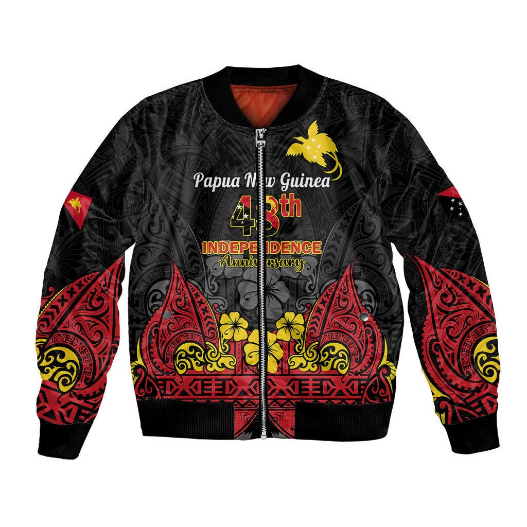 Black bomber jacket with zip front and colorful bird-of-paradise Independence anniversary print