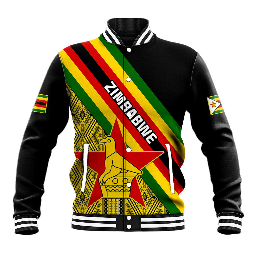 Black baseball jacket with diagonal Zimbabwe flag print, colorful stripes, snap front, ribbed cuffs