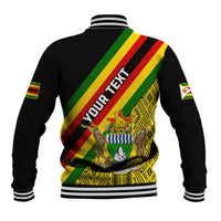 Black baseball jacket back with 'YOUR TEXT' diagonal Zimbabwe flag print, ribbed collar, snap front