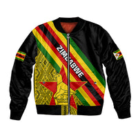 Unisex black bomber jacket with full front zip and diagonal Zimbabwe flag stripes