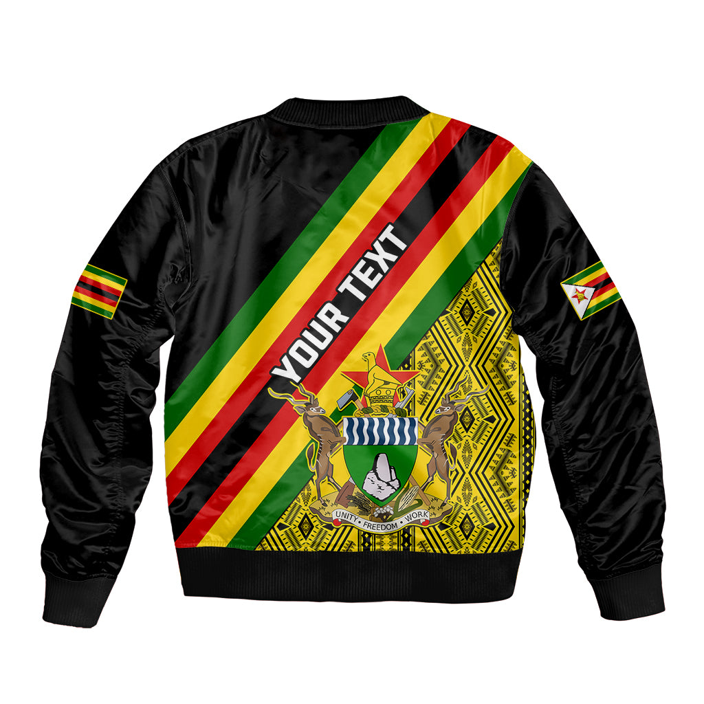 Unisex black bomber jacket with back 'YOUR TEXT' and diagonal Zimbabwe flag stripes