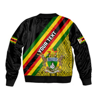 Unisex black bomber jacket with back 'YOUR TEXT' and diagonal Zimbabwe flag stripes