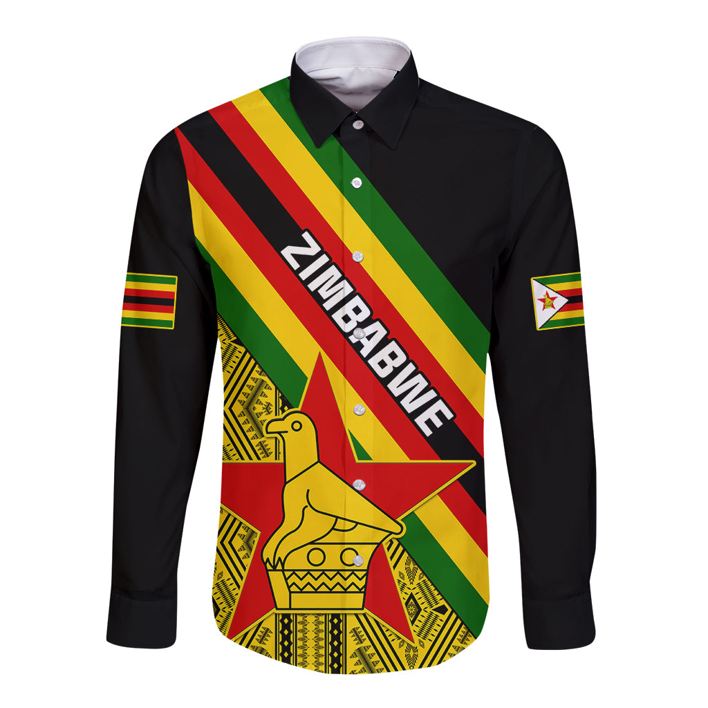 Black long-sleeve button shirt with Zimbabwean flag stripes and crest graphic