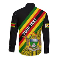 Black long-sleeve button shirt with back print, “YOUR TEXT”, diagonal stripes, crest