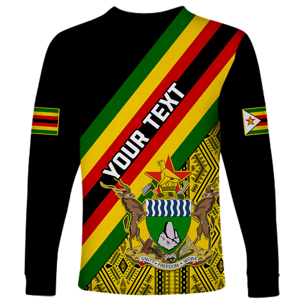 Black long-sleeve shirt with Zimbabwe flag stripes, YOUR TEXT overlay and emblem