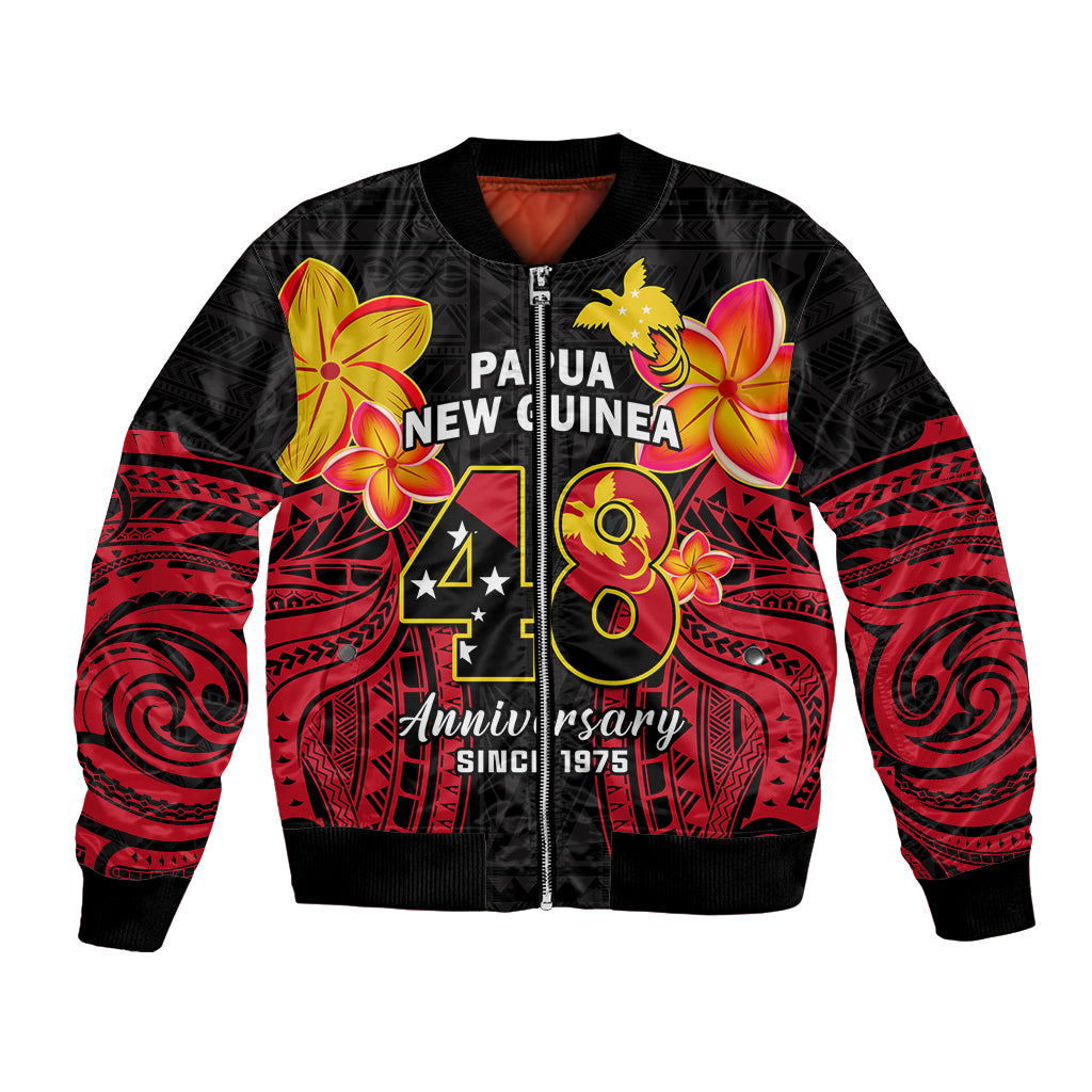 Black bomber jacket with red tribal patterns, floral graphics, front zipper, ribbed cuffs