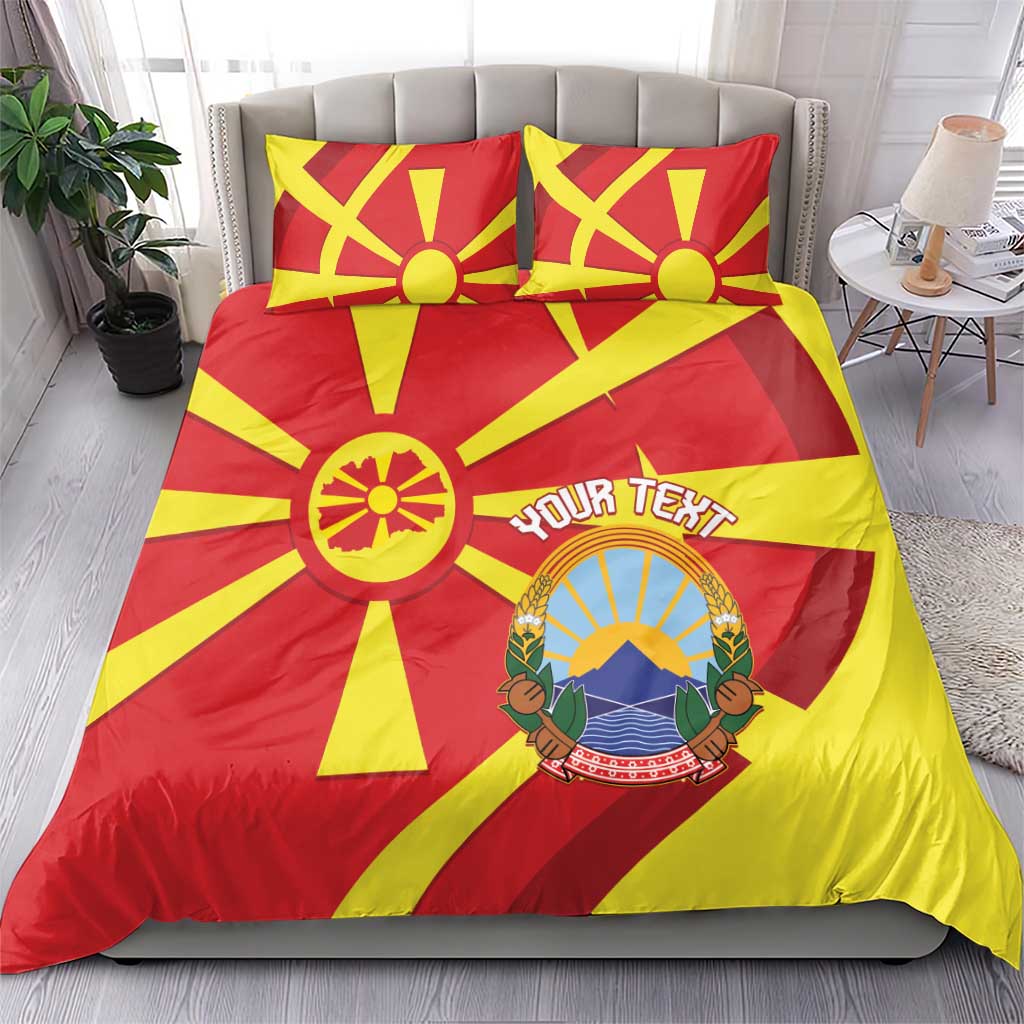 Macedonia flag duvet and pillow set, red and yellow sunburst design with circular emblem