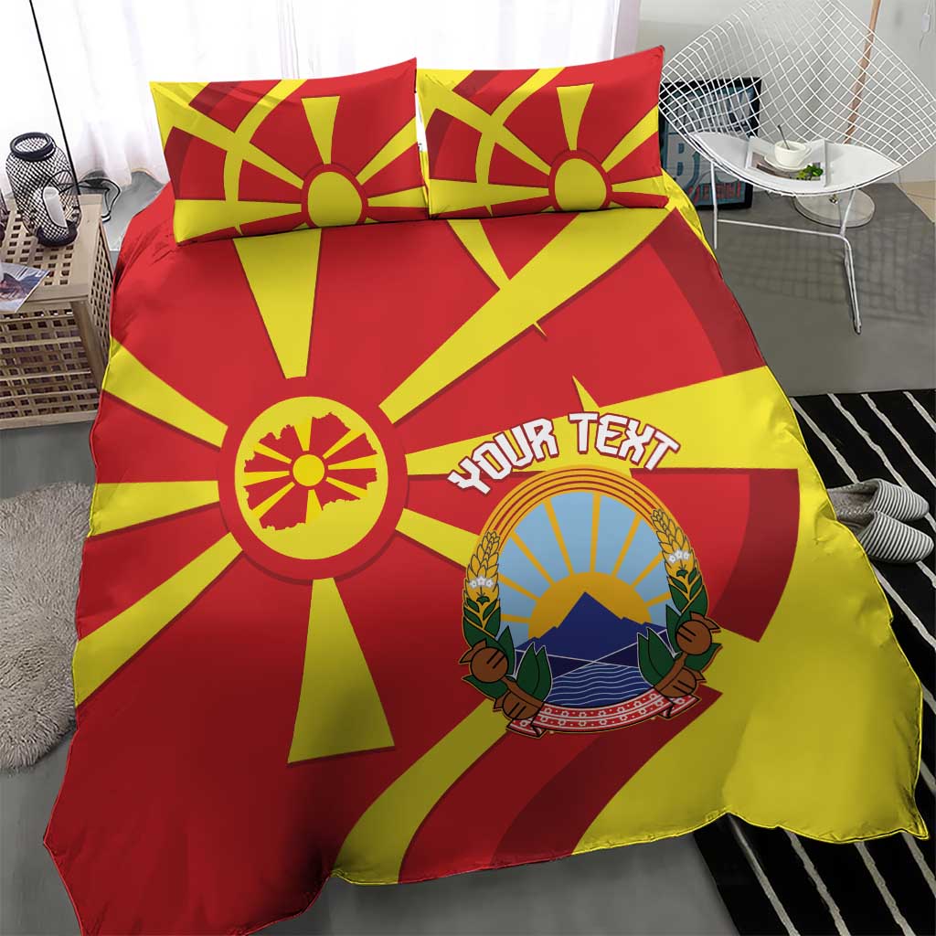 Macedonia flag bedding set on bed, red and yellow rays with crest and text strip
