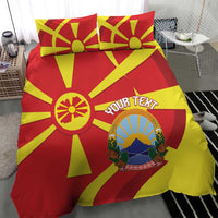 Macedonia flag bedding set on bed, red and yellow rays with crest and text strip