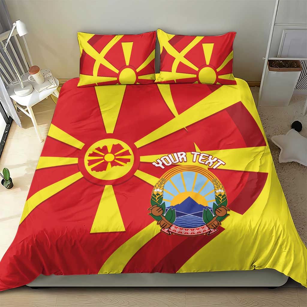 Macedonia flag duvet and two pillows, red and yellow sunray pattern with large central crest
