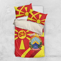 Macedonia flag bedding set with red and yellow sunburst print and matching pillowcases