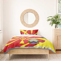 Macedonia flag duvet set, red and yellow sunburst design with central crest and emblem