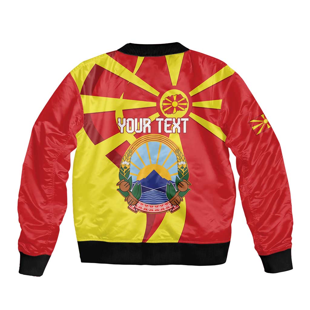 Red and yellow bomber jacket with back graphic 'YOUR TEXT', ribbed collar and cuffs