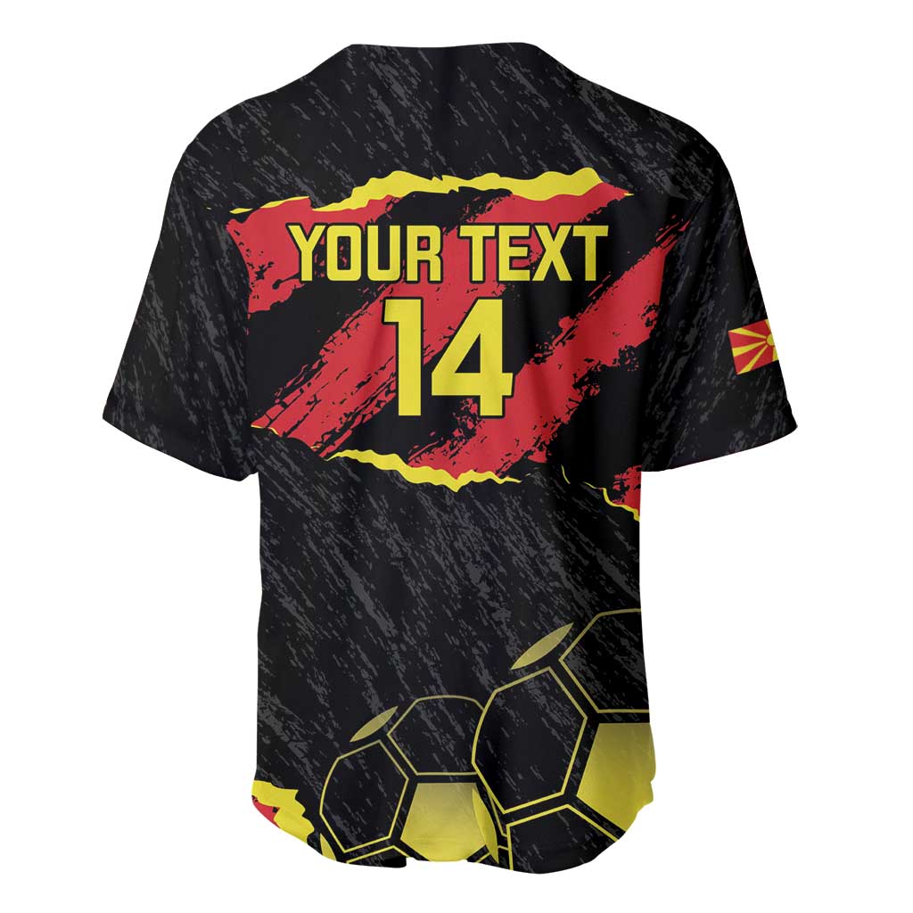 Black soccer jersey back, V-neck buttons, Your Text 14 and yellow-red badge