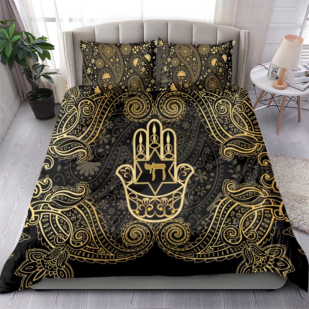 Jewish Hamsa Chai Bedding Set Gold Paisley Pattern