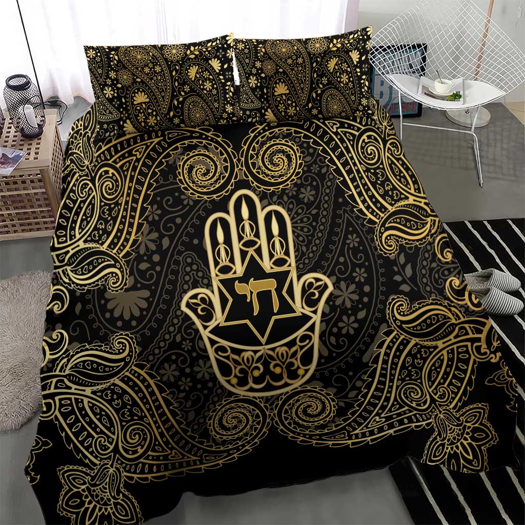 Jewish Hamsa Chai Bedding Set Gold Paisley Pattern