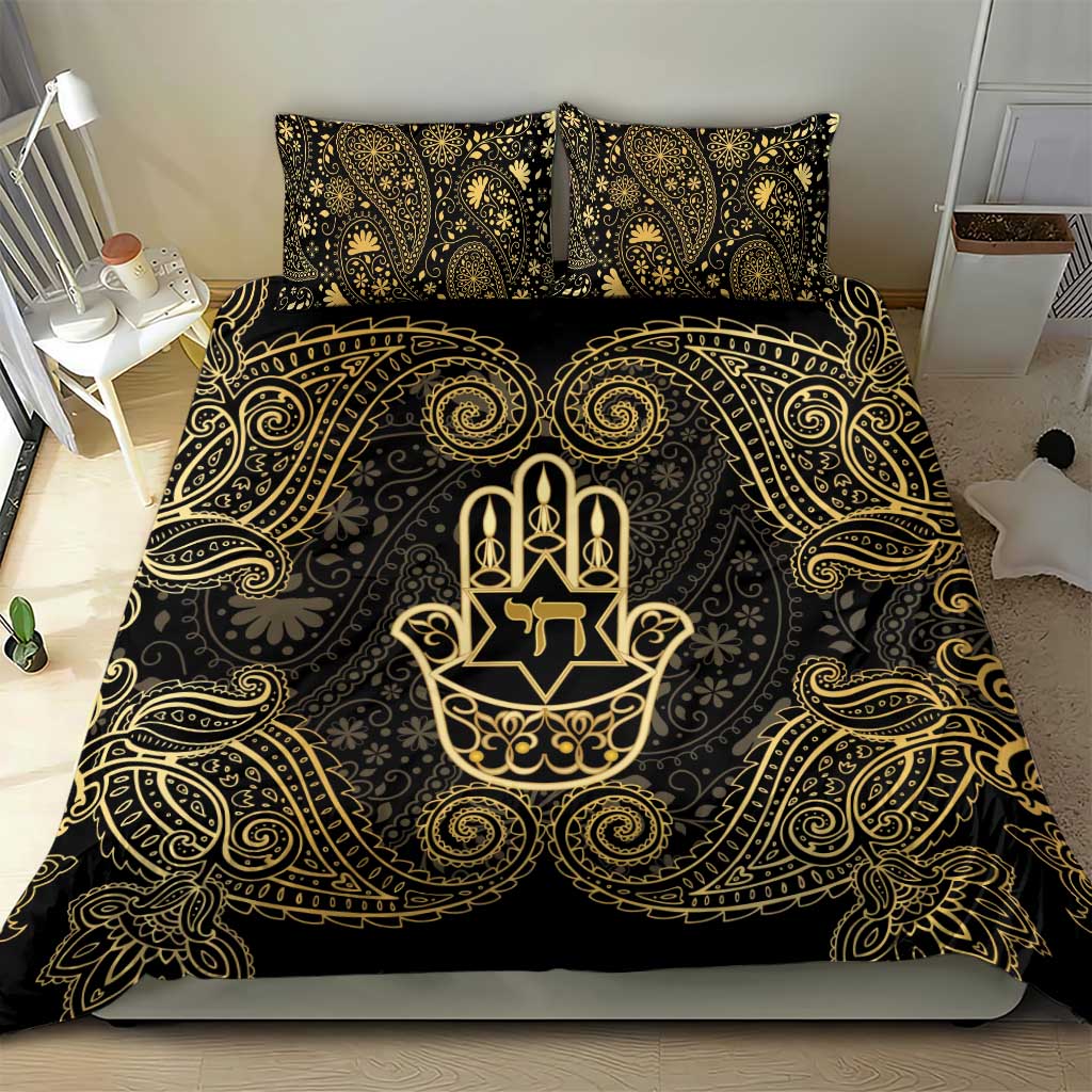 Jewish Hamsa Chai Bedding Set Gold Paisley Pattern