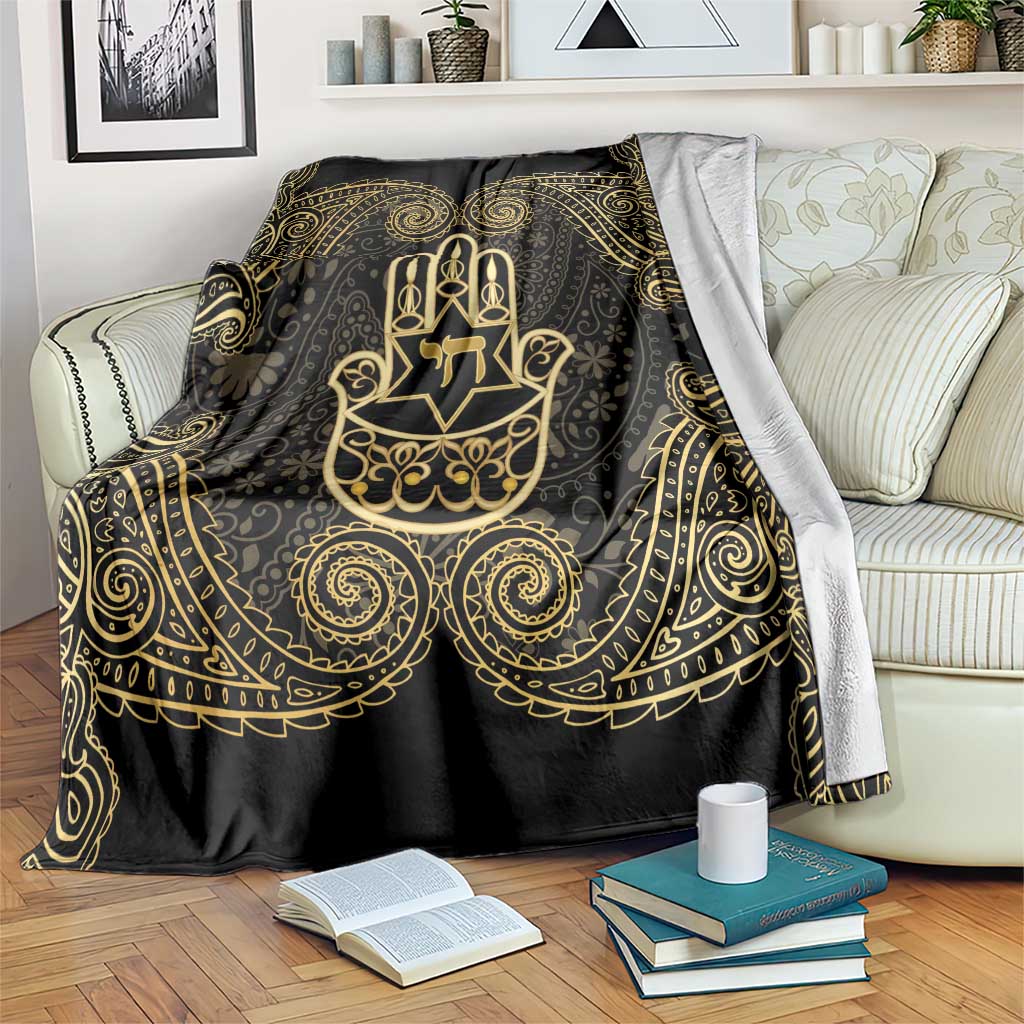 Jewish Hamsa Chai Blanket Gold Paisley Pattern