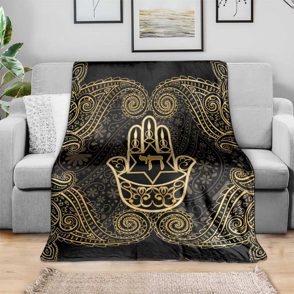 Jewish Hamsa Chai Blanket Gold Paisley Pattern