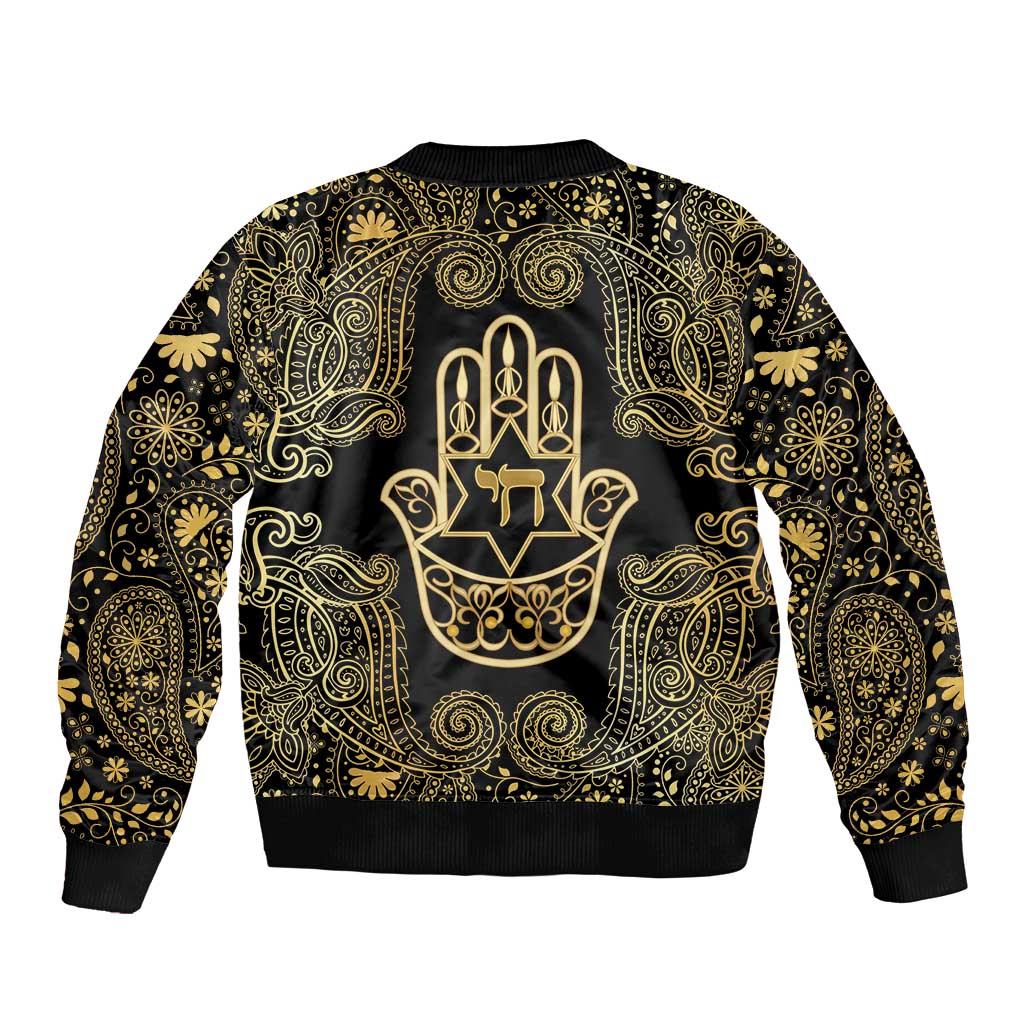 Jewish Hamsa Chai Bomber Jacket Gold Paisley Pattern