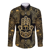 Jewish Hamsa Chai Long Sleeve Button Shirt Gold Paisley Pattern
