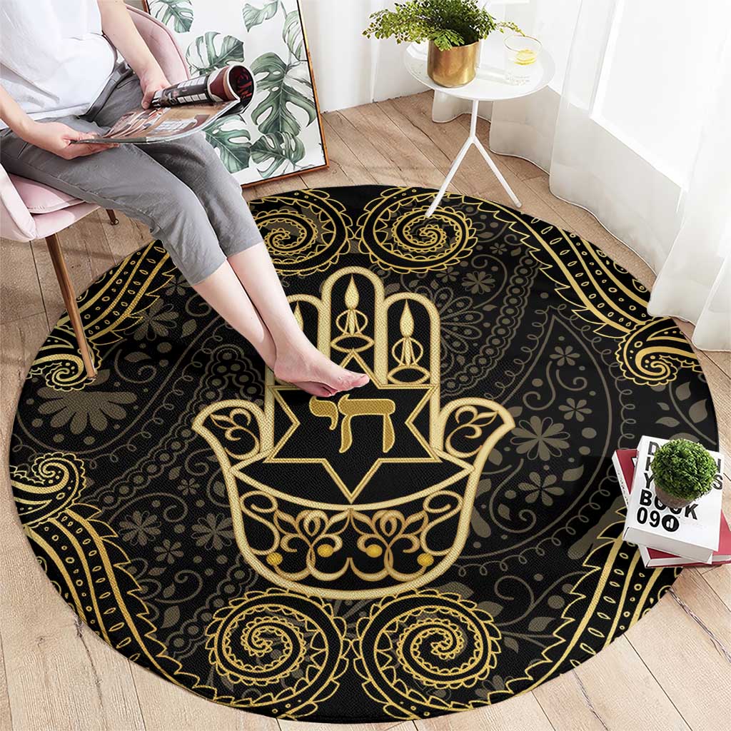 Jewish Hamsa Chai Round Carpet Gold Paisley Pattern