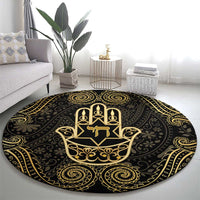 Jewish Hamsa Chai Round Carpet Gold Paisley Pattern