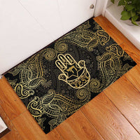 Jewish Hamsa Chai Rubber Doormat Gold Paisley Pattern