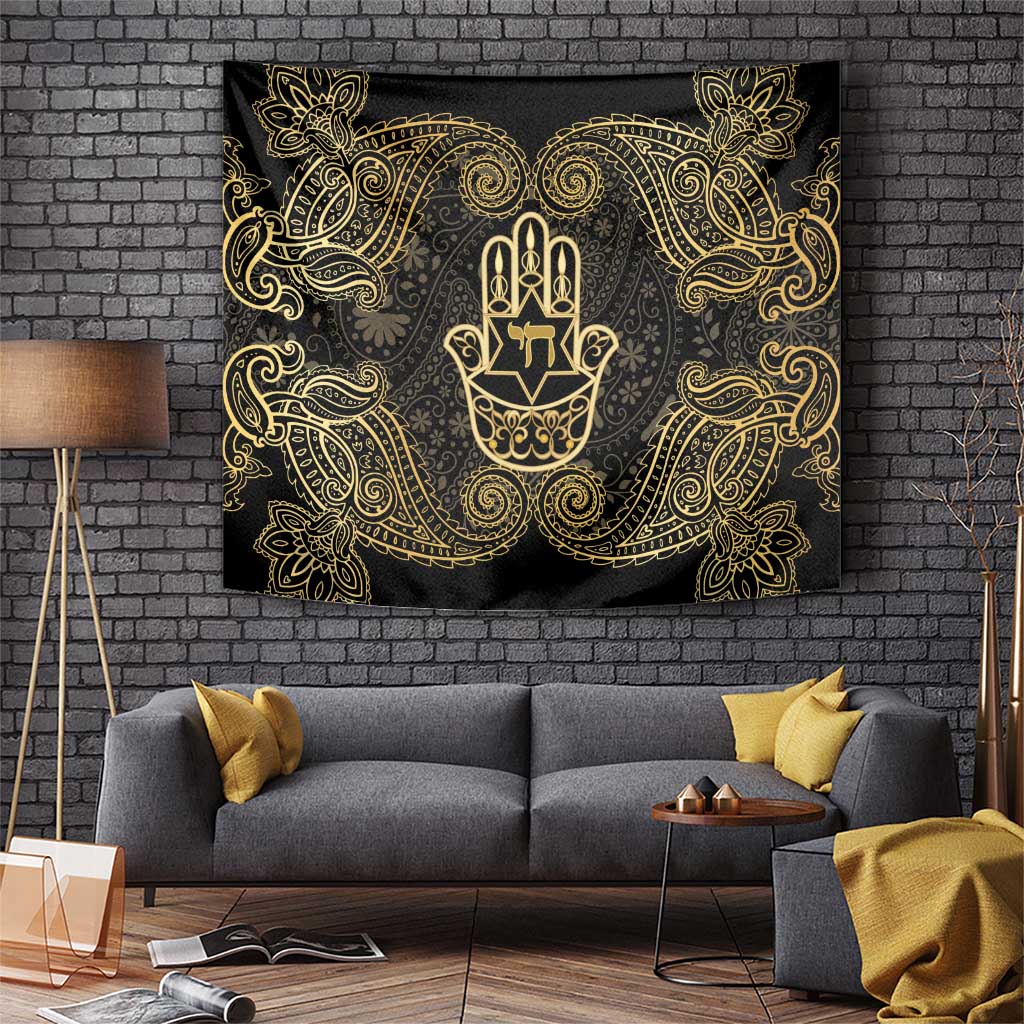 Jewish Hamsa Chai Tapestry Gold Paisley Pattern