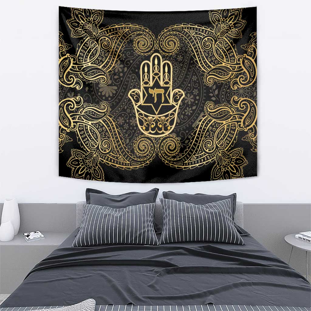 Jewish Hamsa Chai Tapestry Gold Paisley Pattern