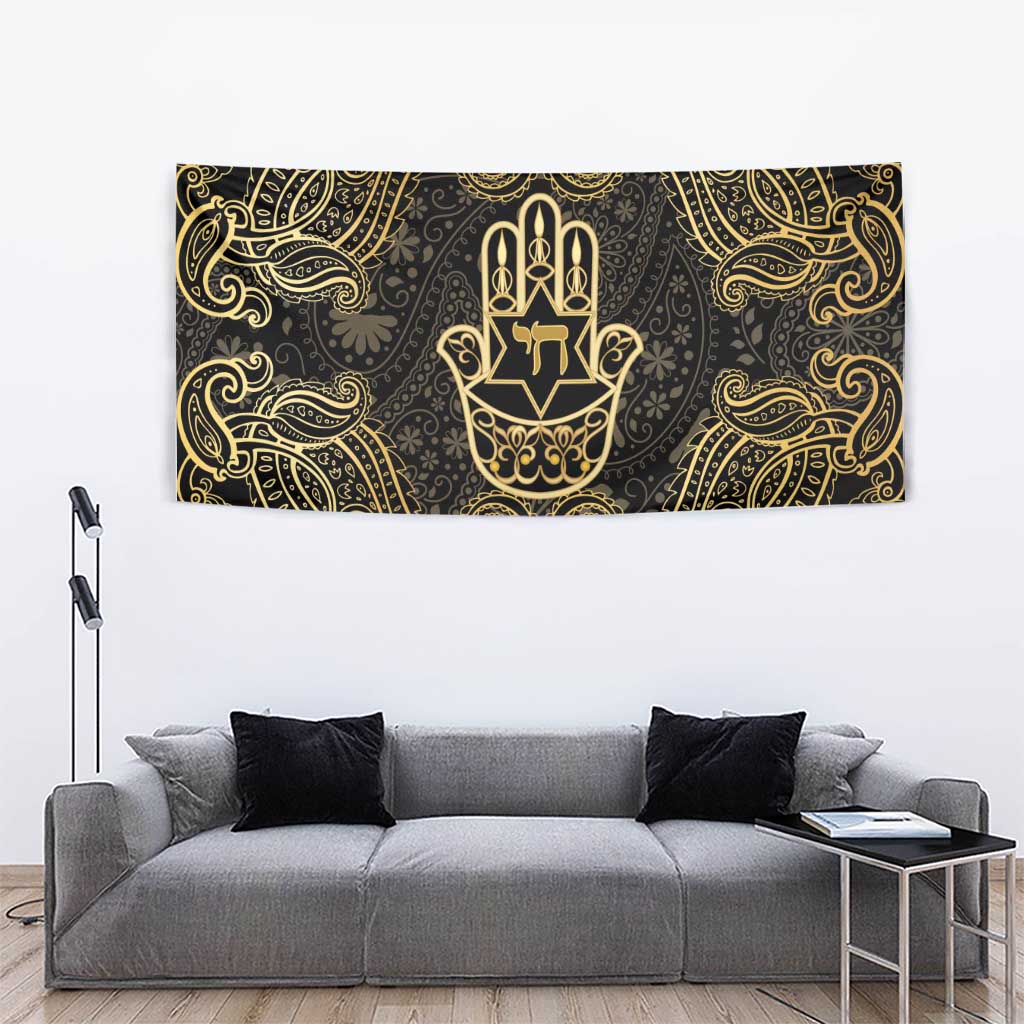 Jewish Hamsa Chai Tapestry Gold Paisley Pattern