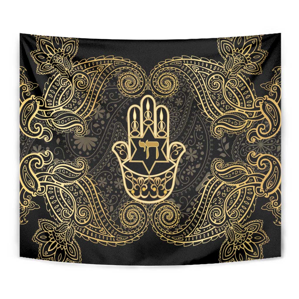 Jewish Hamsa Chai Tapestry Gold Paisley Pattern