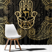 Jewish Hamsa Chai Window Curtain Gold Paisley Pattern