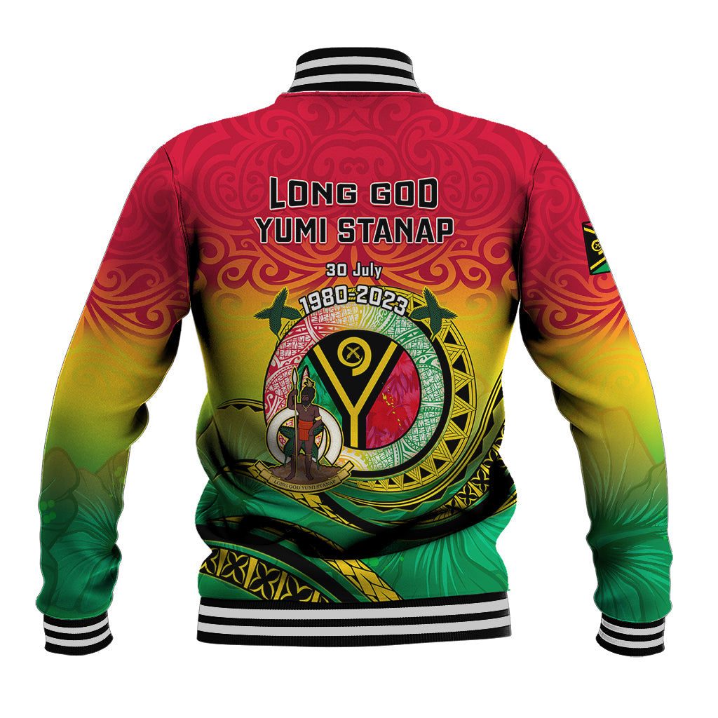 Unisex baseball jacket with red-yellow-green gradient and large back graphic, striped ribbed cuffs