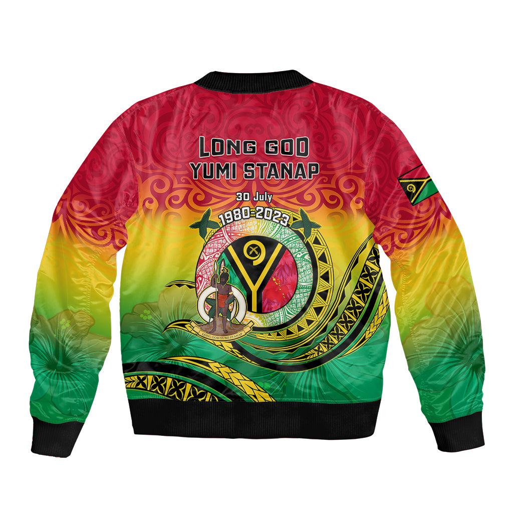 Unisex bomber jacket with multicolor gradient, ribbed collar/cuffs, back emblem print