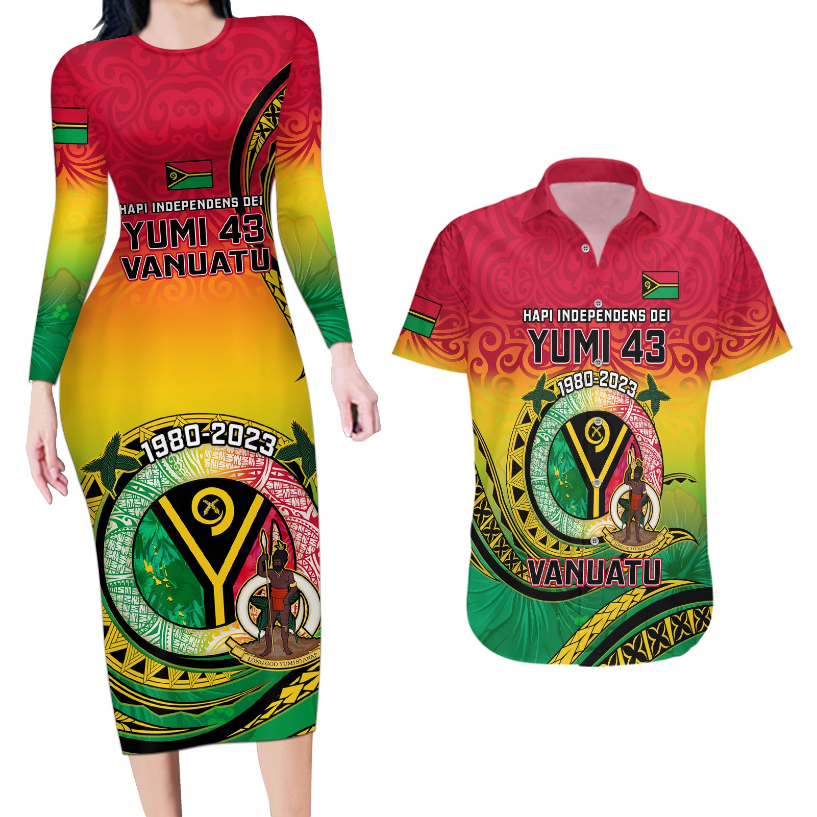 Vanuatu Couples Matching Long Sleeve Bodycon Dress and Hawaiian Shirt Yumi 43 Hapi Independens Dei - Wonder Print Shop