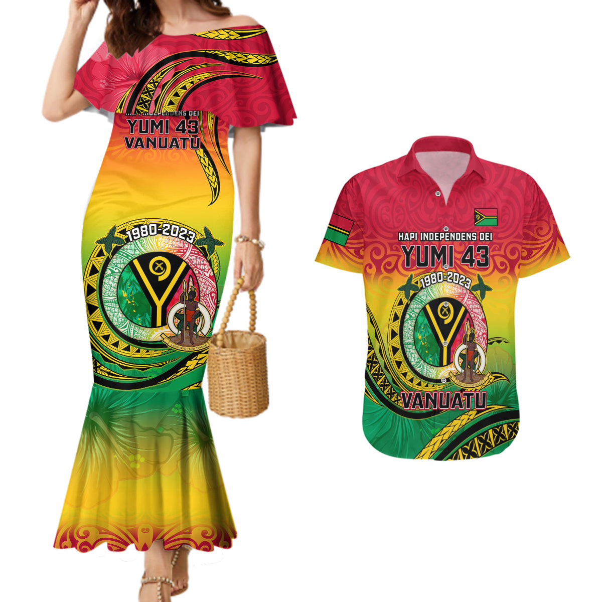 Vanuatu Couples Matching Mermaid Dress And Hawaiian Shirt Yumi 43 Hapi Independens Dei - Wonder Print Shop