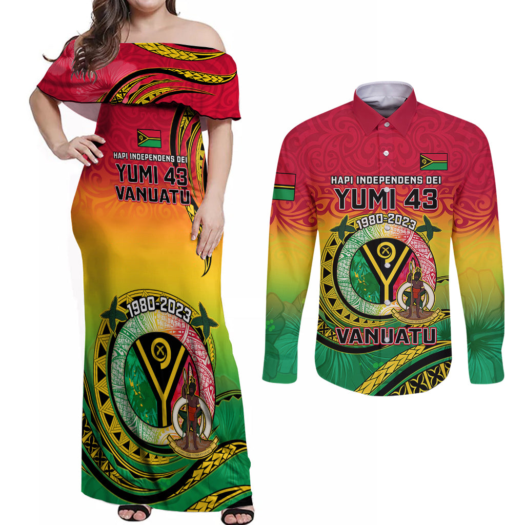 Vanuatu Couples Matching Off Shoulder Maxi Dress and Long Sleeve Button Shirts Yumi 43 Hapi Independens Dei - Wonder Print Shop