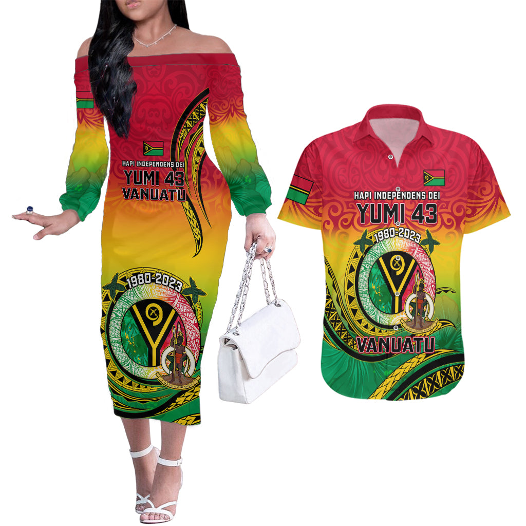 Vanuatu Couples Matching Off The Shoulder Long Sleeve Dress and Hawaiian Shirt Yumi 43 Hapi Independens Dei - Wonder Print Shop