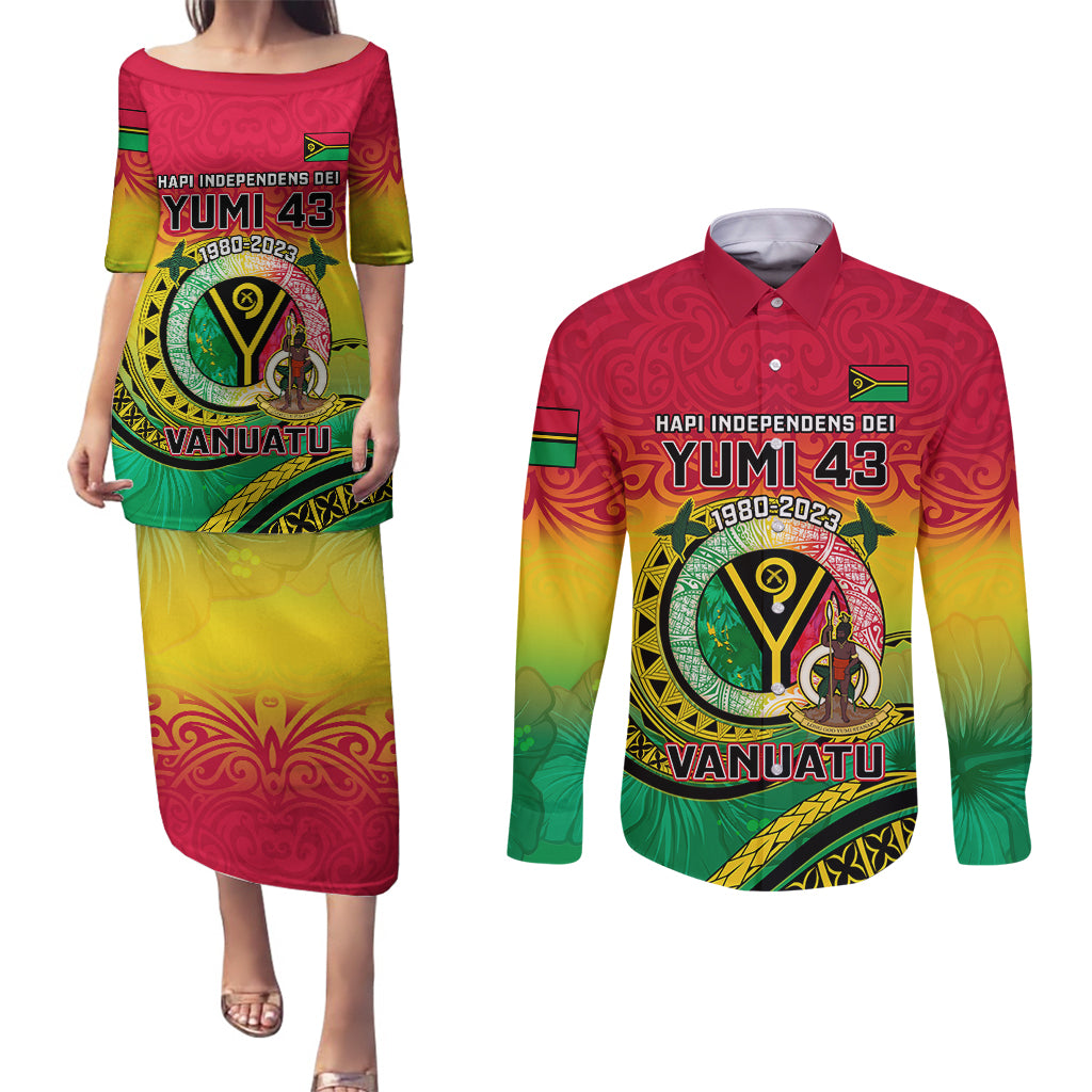 Vanuatu Couples Matching Puletasi Dress and Long Sleeve Button Shirts Yumi 43 Hapi Independens Dei - Wonder Print Shop